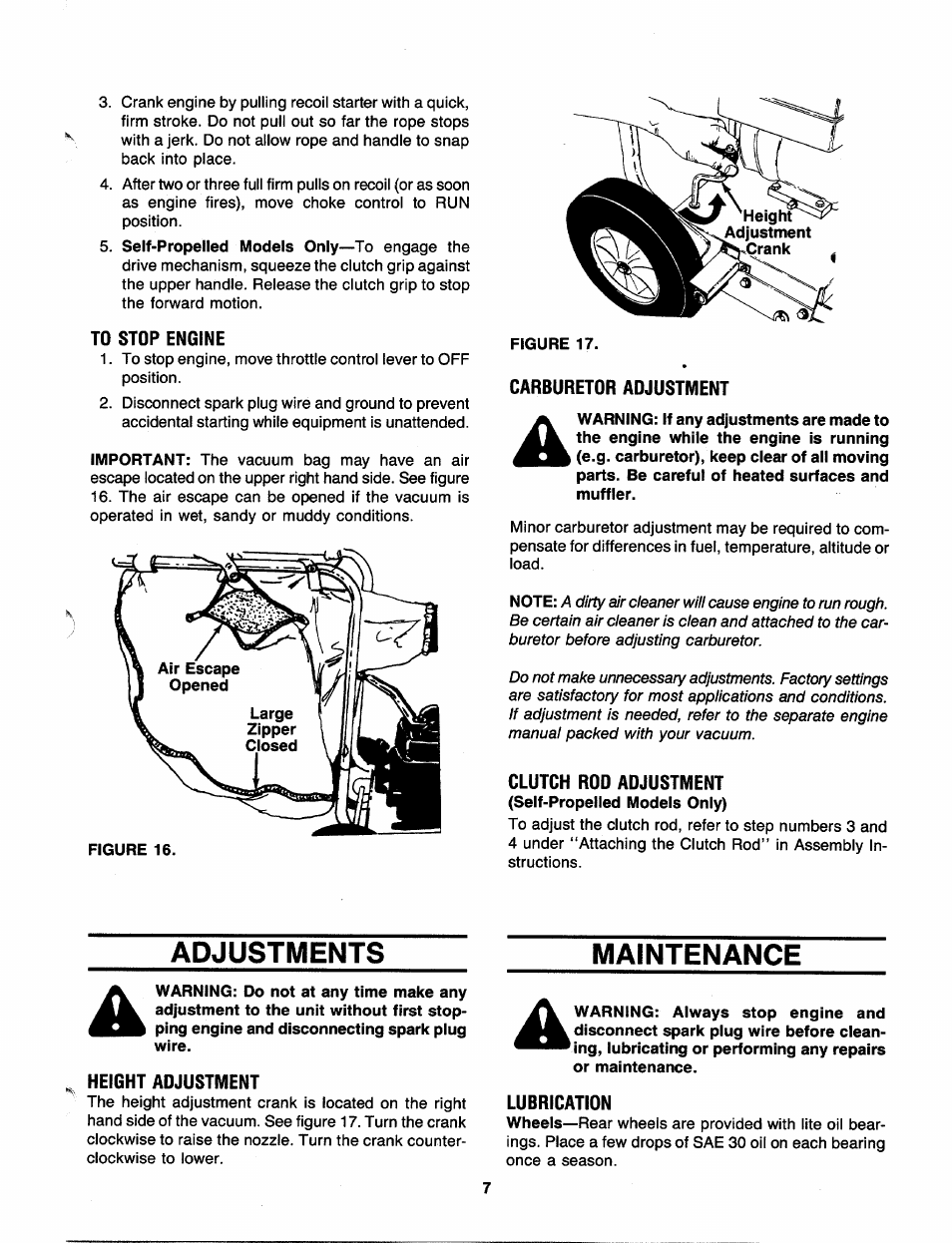 To stop engine, Figure 17, Carburetor adjustment | Clutch rod adjustment, Adjustments, Height adjustment, Maintenance, Lubrication | MTD 241-675-000 User Manual | Page 7 / 12