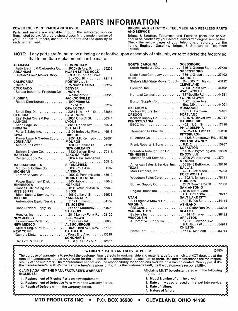 Parts; information | MTD 24596L User Manual | Page 12 / 12