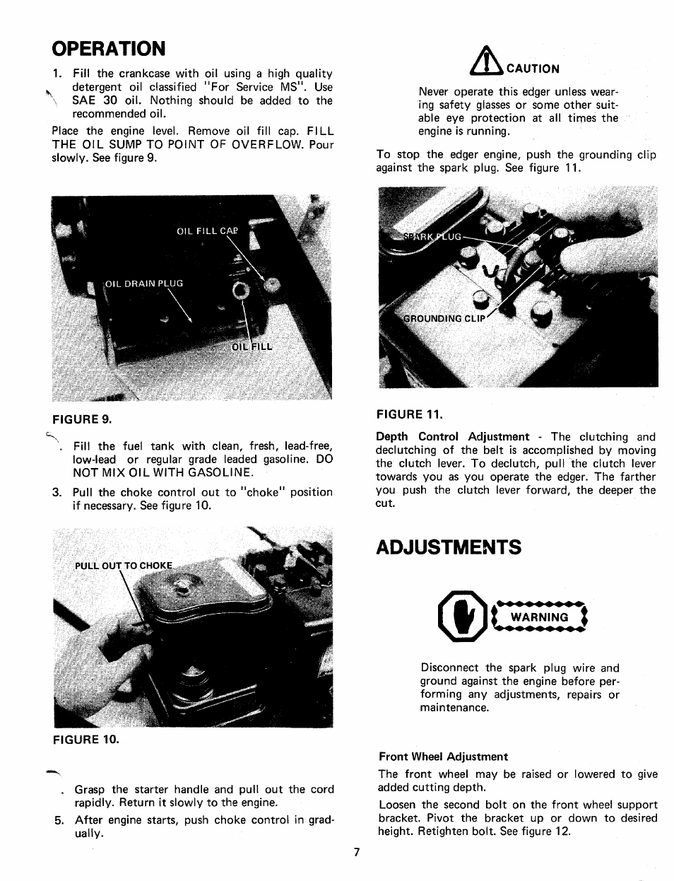 Operation, Adjustments, Warning | MTD 24596L User Manual | Page 7 / 12