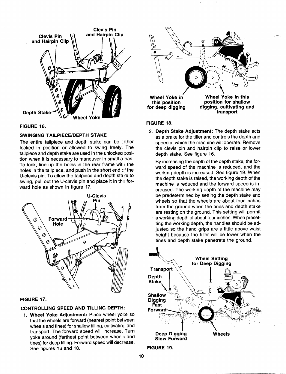 Swinging tailpiece/depth stake, Controlling speed and tilling depth | MTD 219-381-000 User Manual | Page 10 / 24