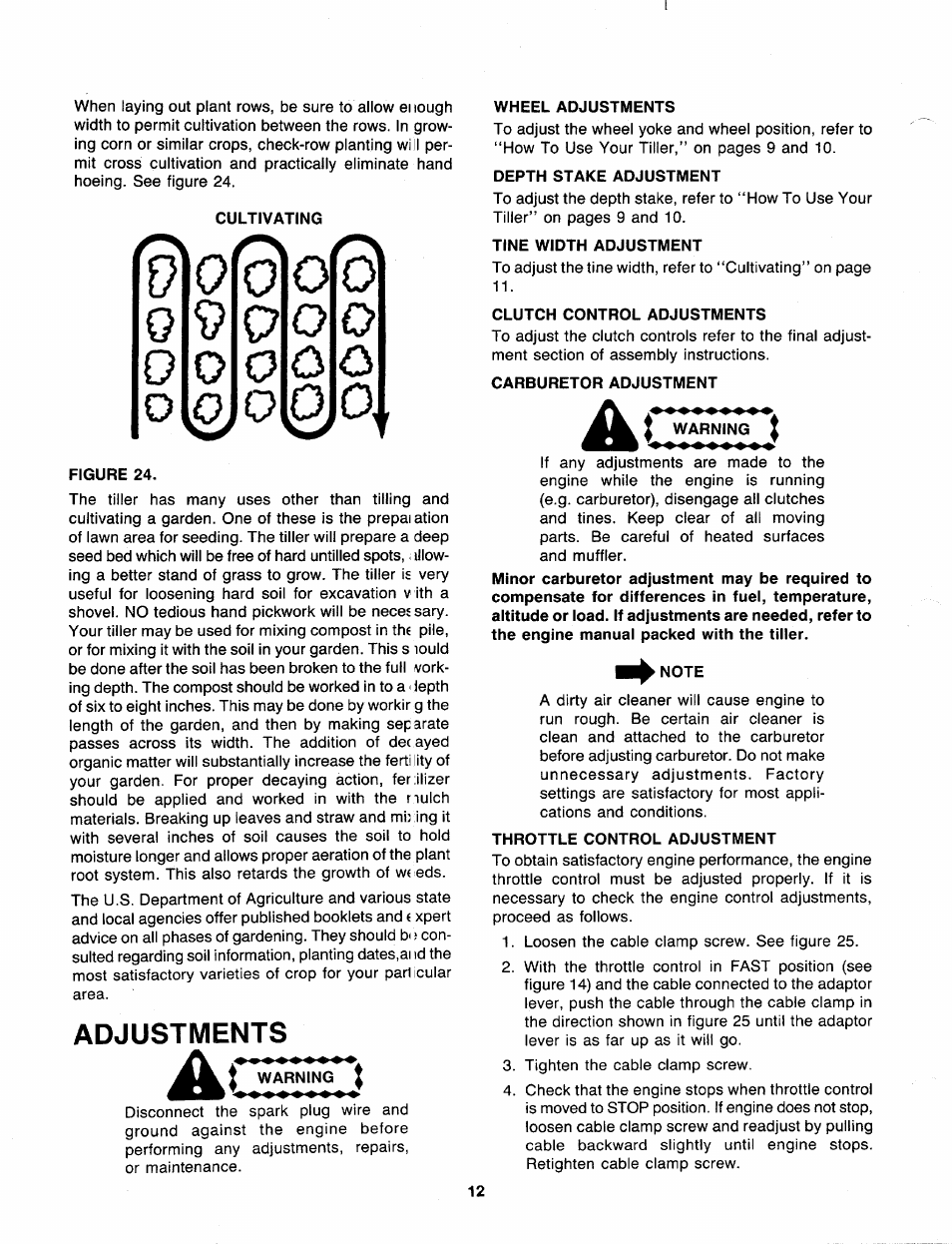 Cultivating, Figure 24, Adjustments | Ac warning, Wheel adjustments, Depth stake adjustment, Tine width adjustment, Clutch control adjustments, Carburetor adjustment, Note | MTD 219-381-000 User Manual | Page 12 / 24