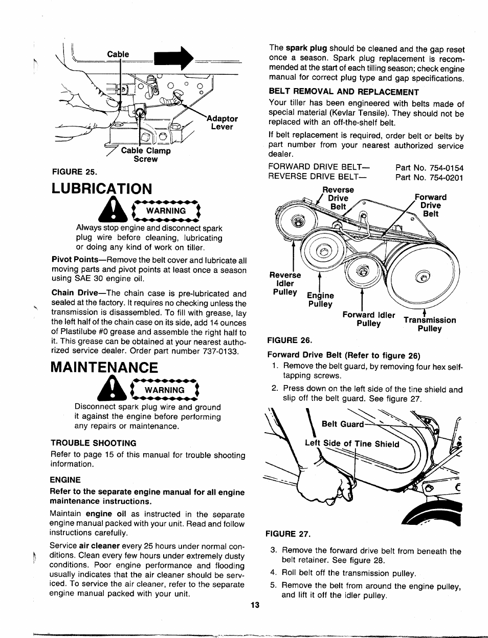 Adaptor, Cable clamp screw, Figure 25 | Warning, Warning i, Trouble shooting, Engine, Belt removal and replacement, Forward drive belt (refer to figure 26), Lubrication | MTD 219-381-000 User Manual | Page 13 / 24