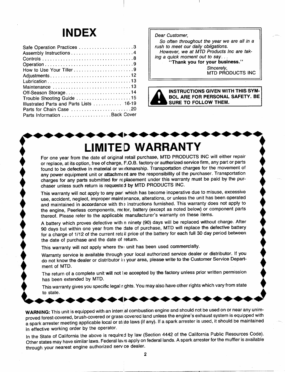 Index, Limited warranty | MTD 219-381-000 User Manual | Page 2 / 24
