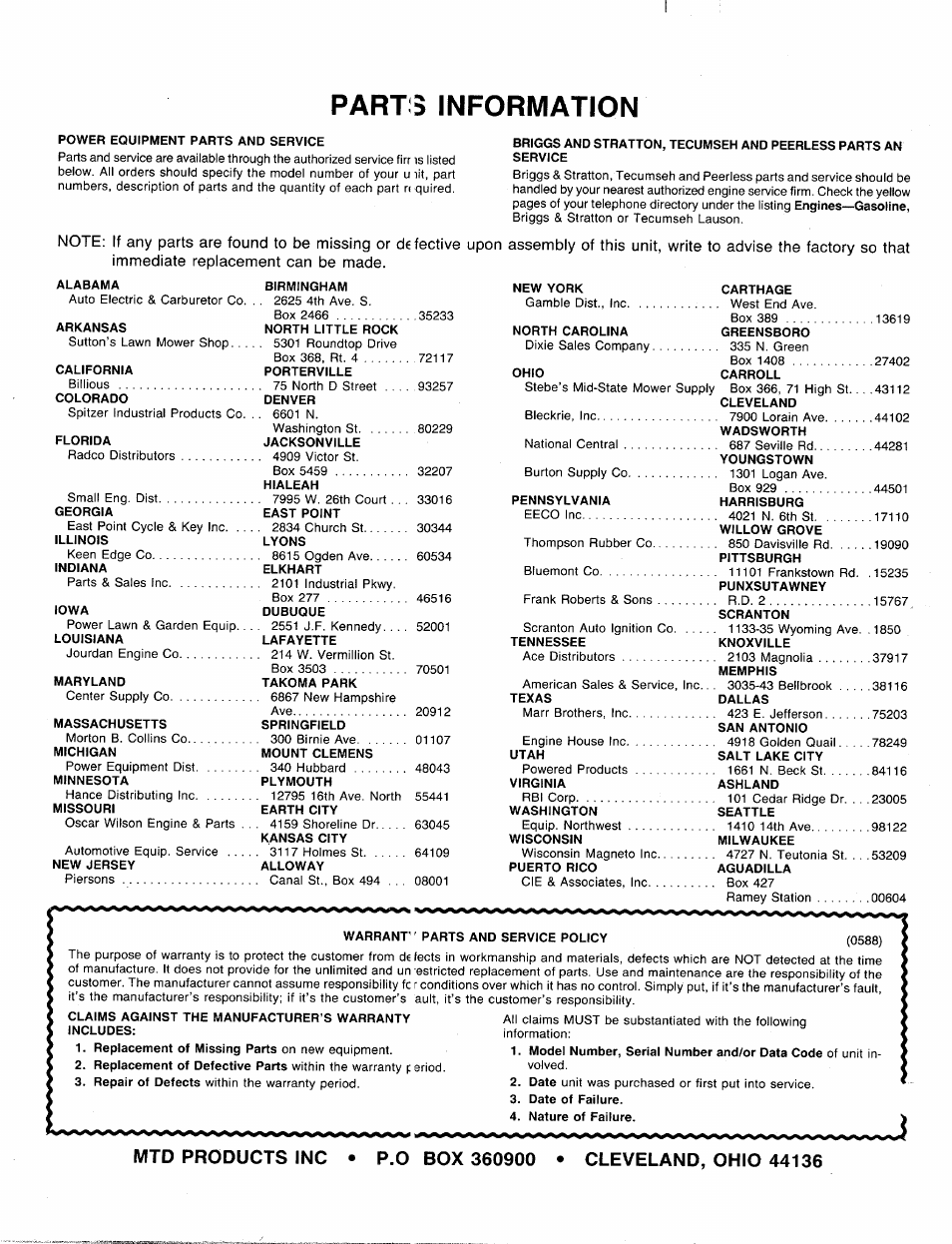Parts information | MTD 219-381-000 User Manual | Page 24 / 24