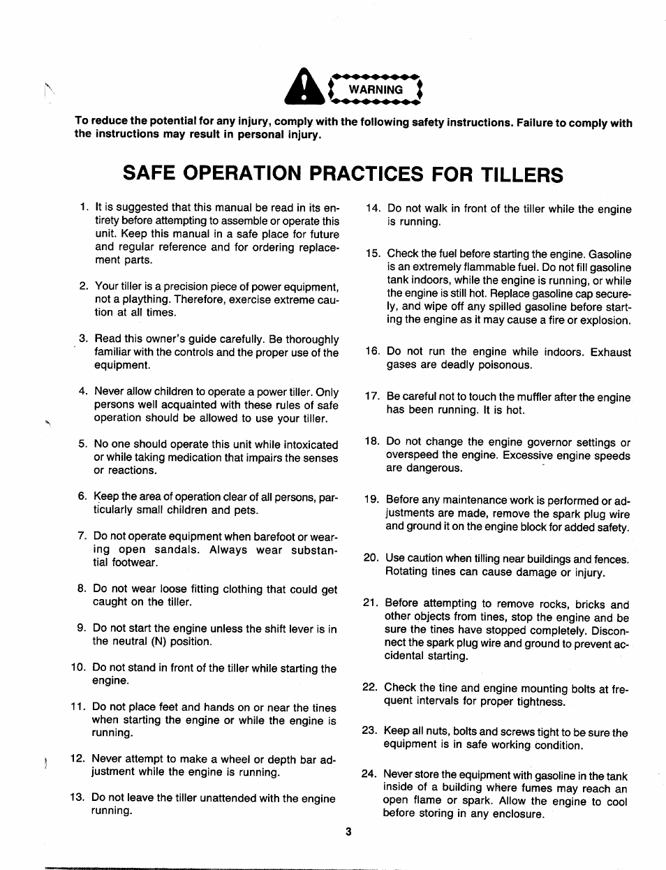 Warning, Safe operation practices for tillers | MTD 219-381-000 User Manual | Page 3 / 24