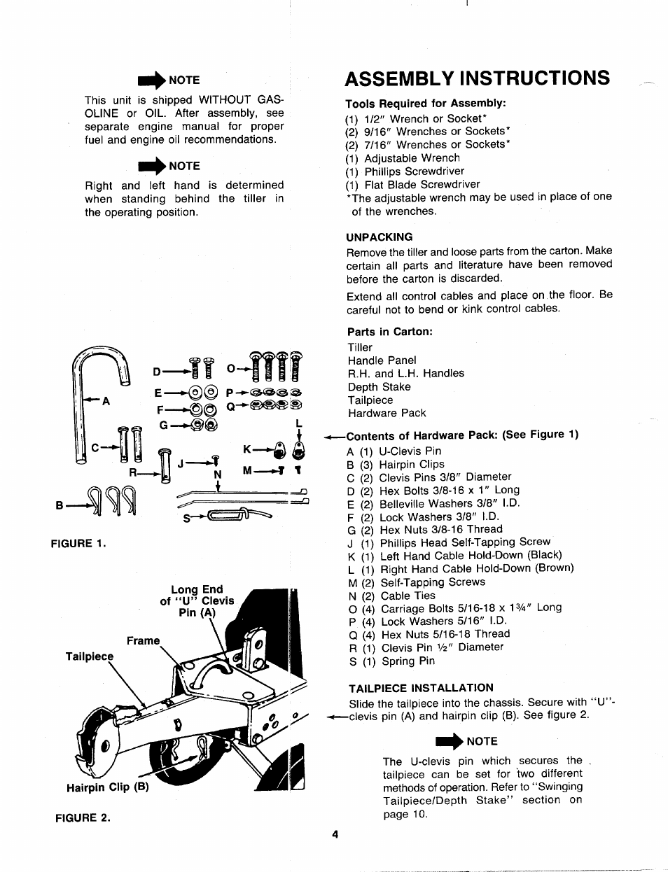 Note, Assembly instructions, Unpacking | Parts in carton, Contents of hardware pack: (see figure 1), Tailpiece installation | MTD 219-381-000 User Manual | Page 4 / 24