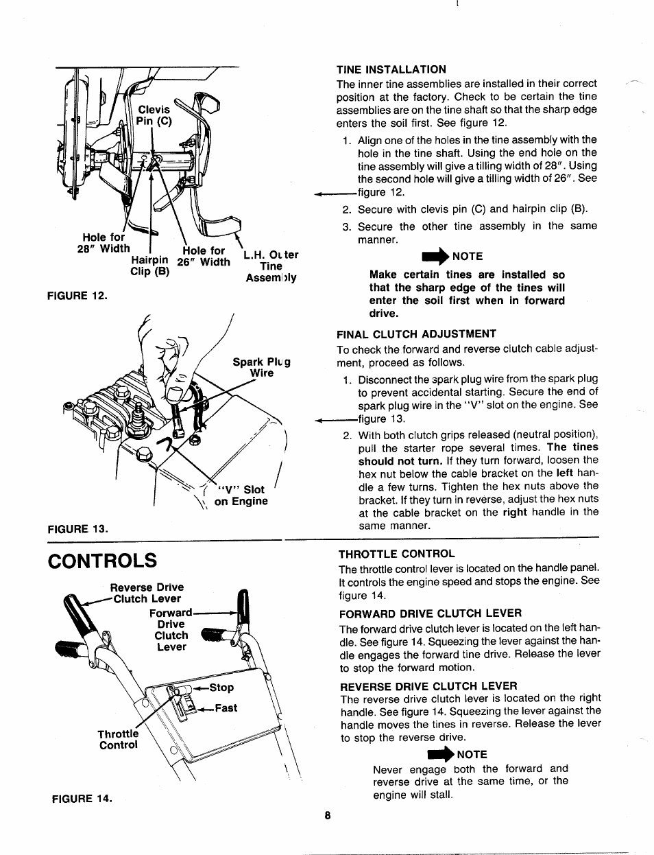 Tine installation, Note, Final clutch adjustment | Controls, Throttle control, Forward drive clutch lever, Reverse drive clutch lever, I^note | MTD 219-381-000 User Manual | Page 8 / 24