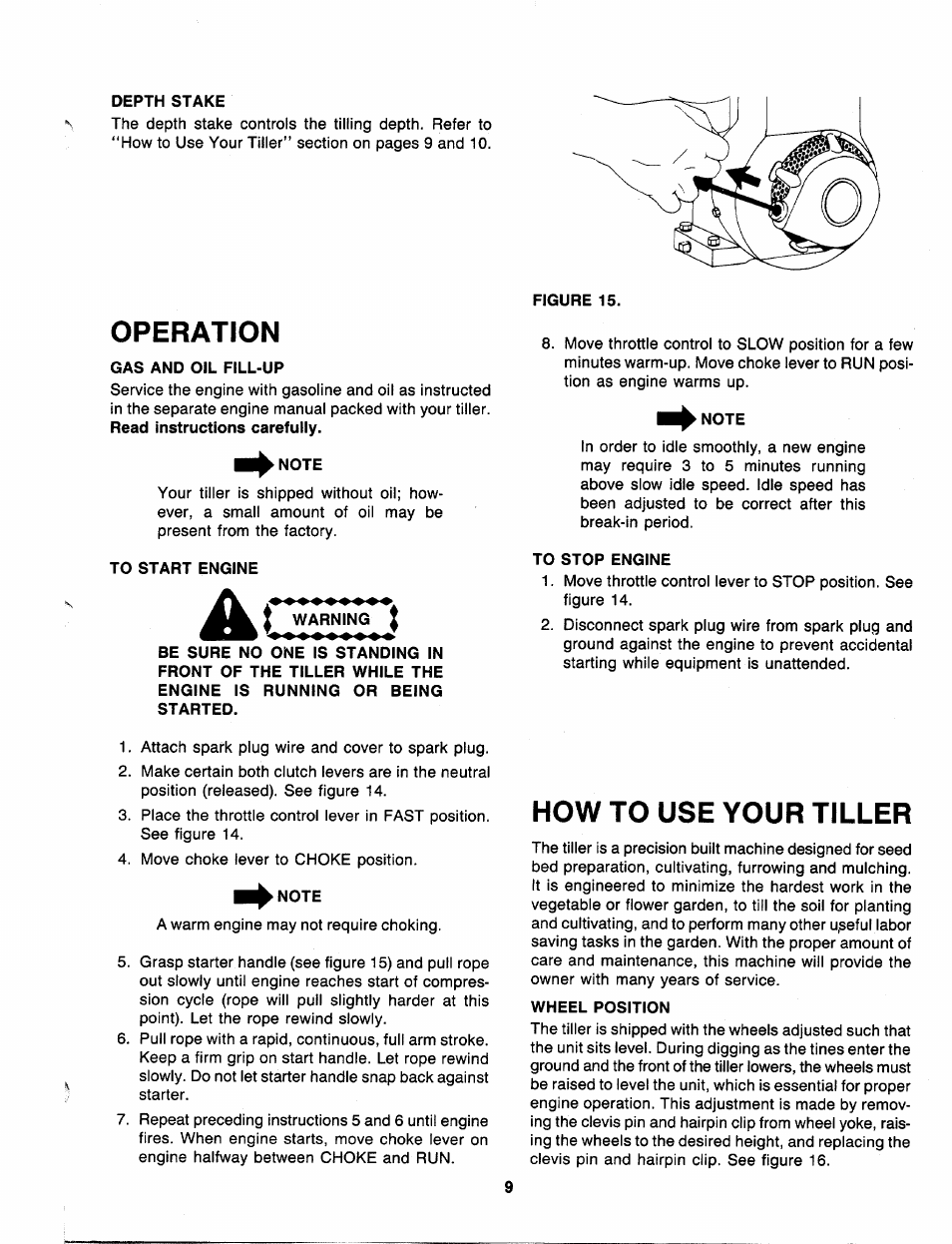 Depth stake, Operation, Gas and oil fill-up | Note, To start engine, To stop engine, How to use your tiller, Wheel position, Operation how to use your tiller | MTD 219-381-000 User Manual | Page 9 / 24