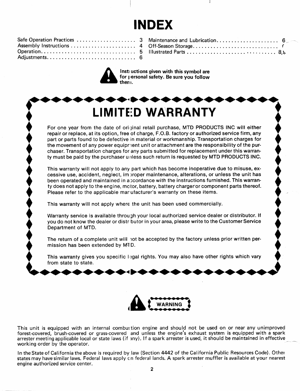 Index, Limiteid warranty, Warning | MTD 24695S User Manual | Page 2 / 12
