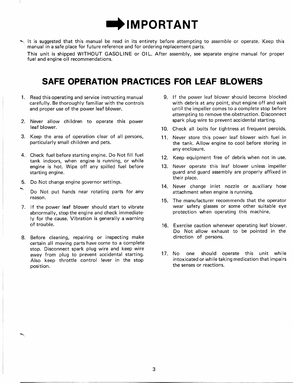 Important, Safe operation practices for leaf blowers | MTD 24695S User Manual | Page 3 / 12