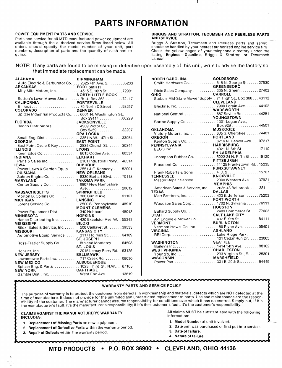 Parts information | MTD 112-020A User Manual | Page 12 / 12