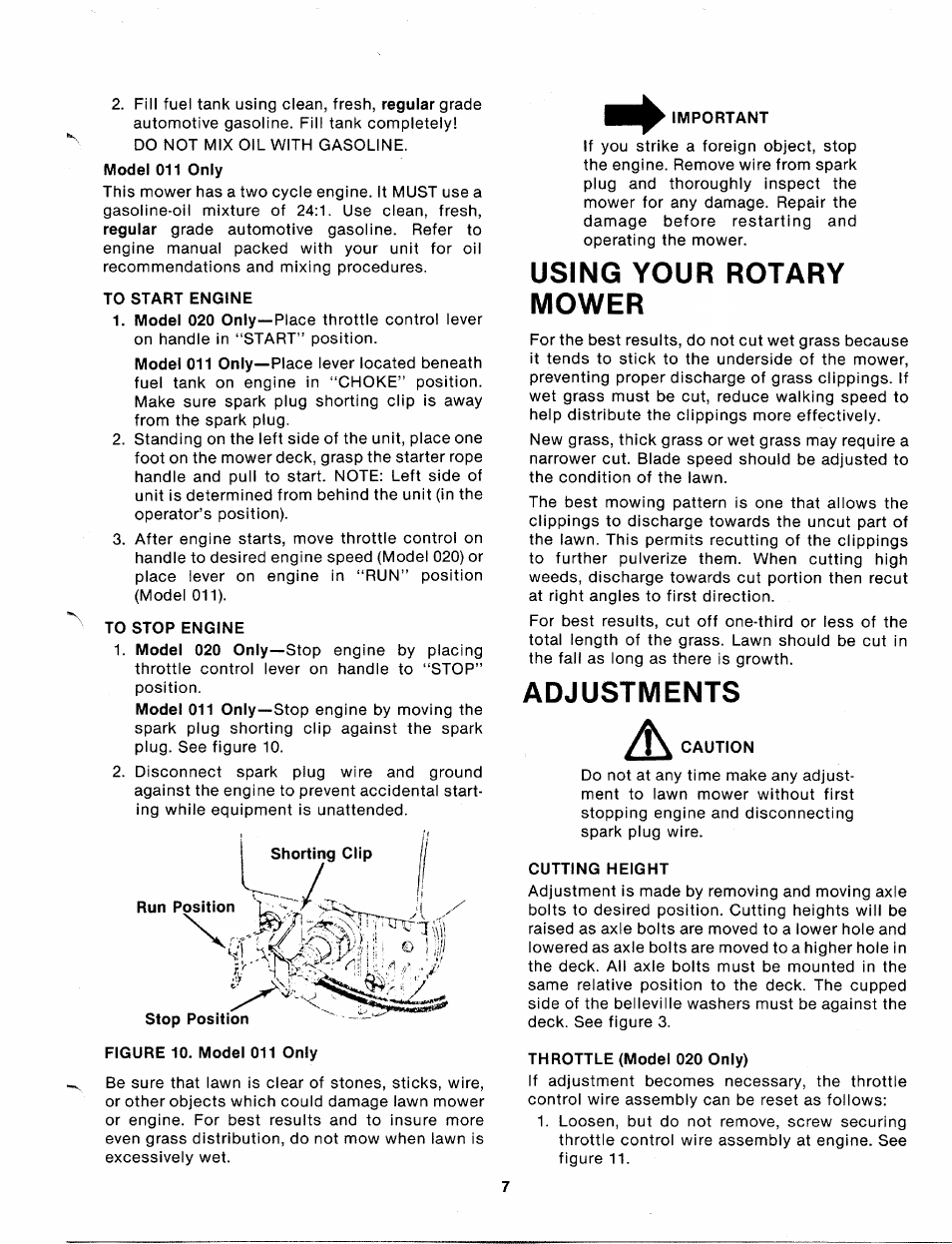 To start engine, To stop engine, Important | Using your rotary mower, Caution, Cutting height, Throttle (model 020 only), Using your rotary, Mower, Adjustments | MTD 112-020A User Manual | Page 7 / 12