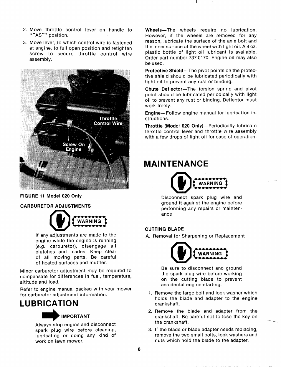 Warning, Lubrication, Important | Maintenance, I warnin, Cutting blade | MTD 112-020A User Manual | Page 8 / 12