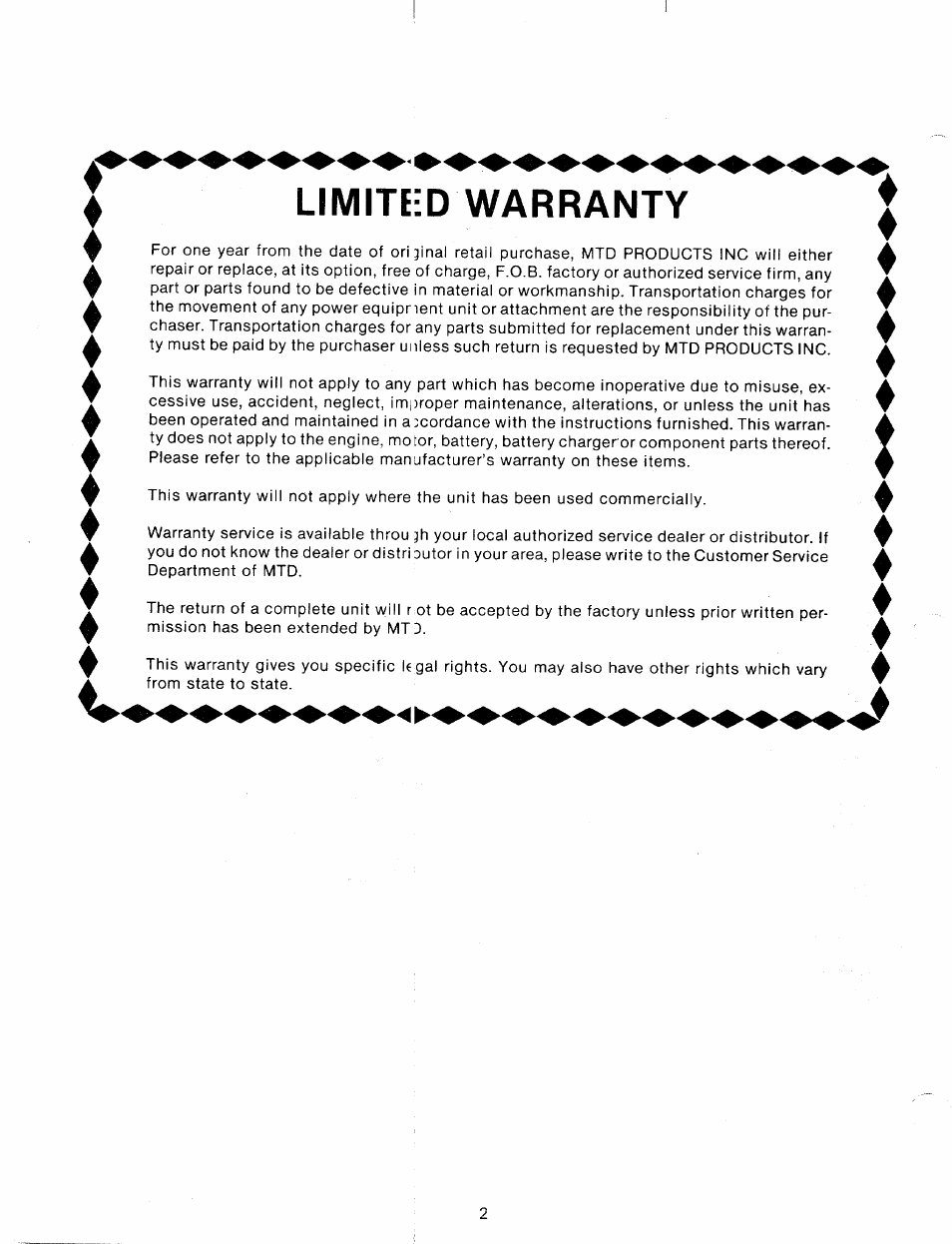 Limite:d warranty | MTD 195-746-000 User Manual | Page 2 / 16