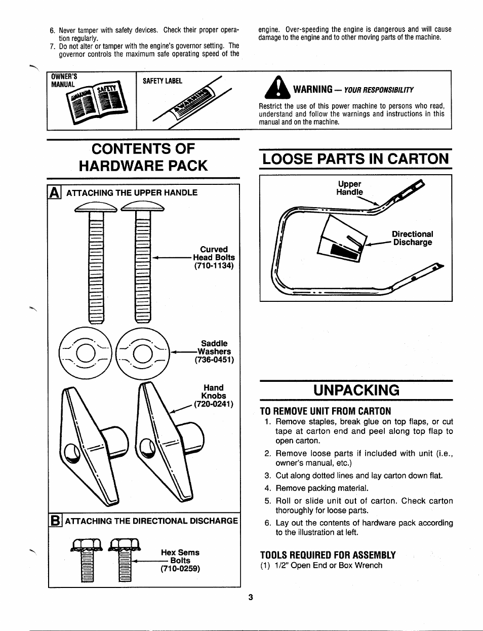 Contents of hardware pack, Loose parts in carton, Unpacking | To remove unit from carton, Tools required for assembly, Loose parts in carton unpacking | MTD 692 thru 699 User Manual | Page 3 / 8