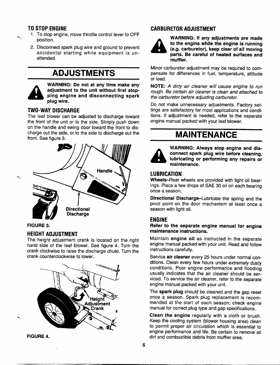 To stop engine, Adjustments, Carburetor adjustment | Two-way discharge, Height adjustment, Maintenance, Lubrication, Engine | MTD 692 thru 699 User Manual | Page 5 / 8