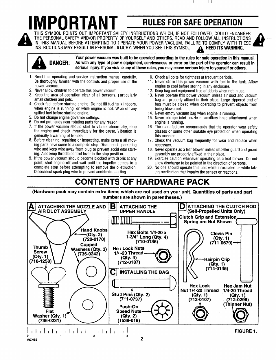 Important, Rules for safe operation, Contents of hardware pack | Attaching the upper handle, Installing the bag | MTD 675 thru 689 User Manual | Page 2 / 12