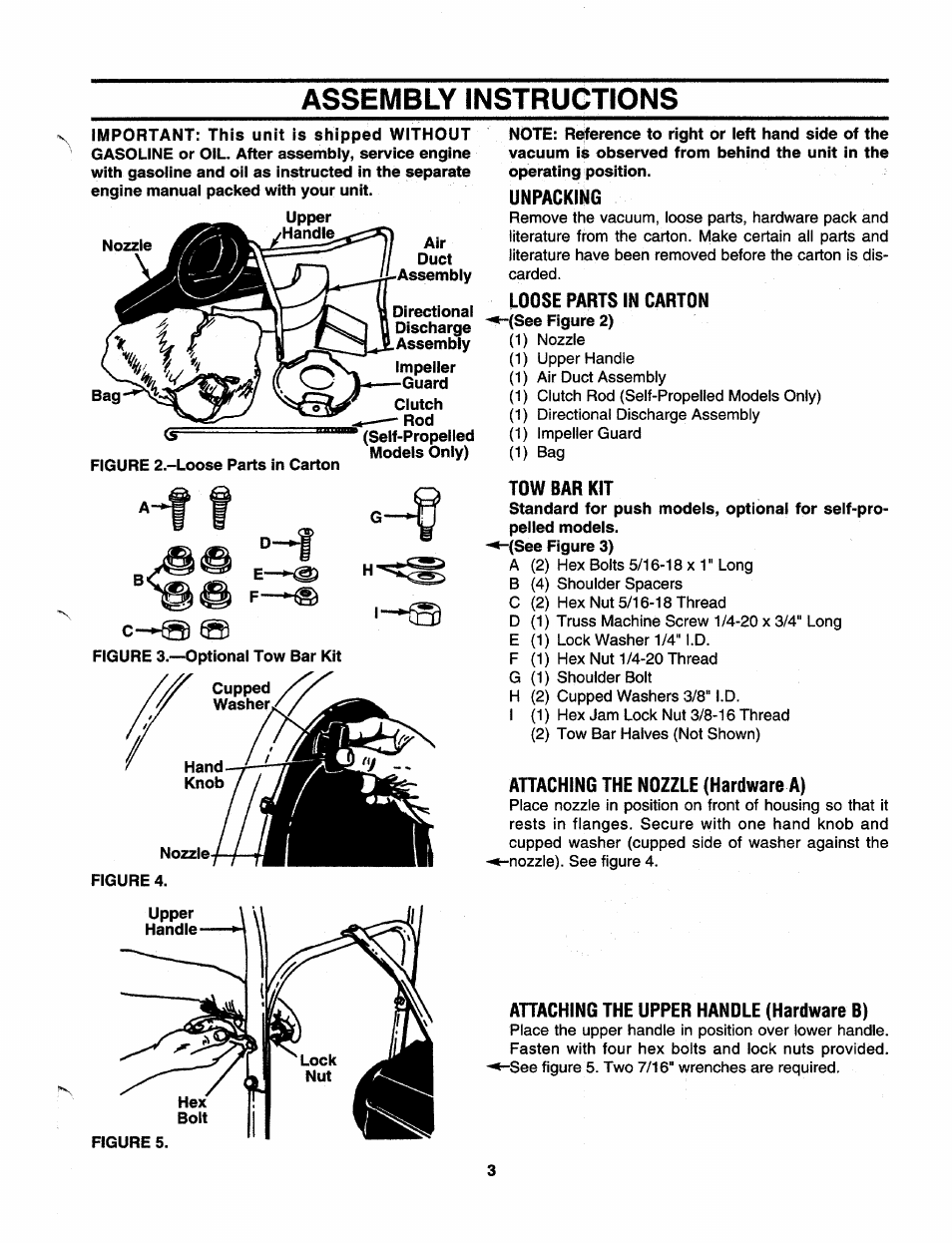 Assembly instructions, Nozzle figure 4, Upper | Unpacking, Loose parts in carton, Tow bar kit, Attaching the nozzle (hardware a), Ahaching the upper handle (hardware b) | MTD 675 thru 689 User Manual | Page 3 / 12