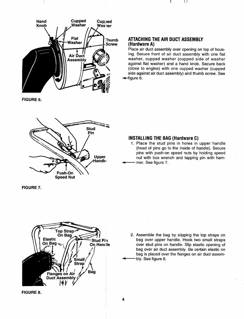 Attaching the air duct assembly (hardware a), Installing the bag (hardware c) | MTD 675 thru 689 User Manual | Page 4 / 12