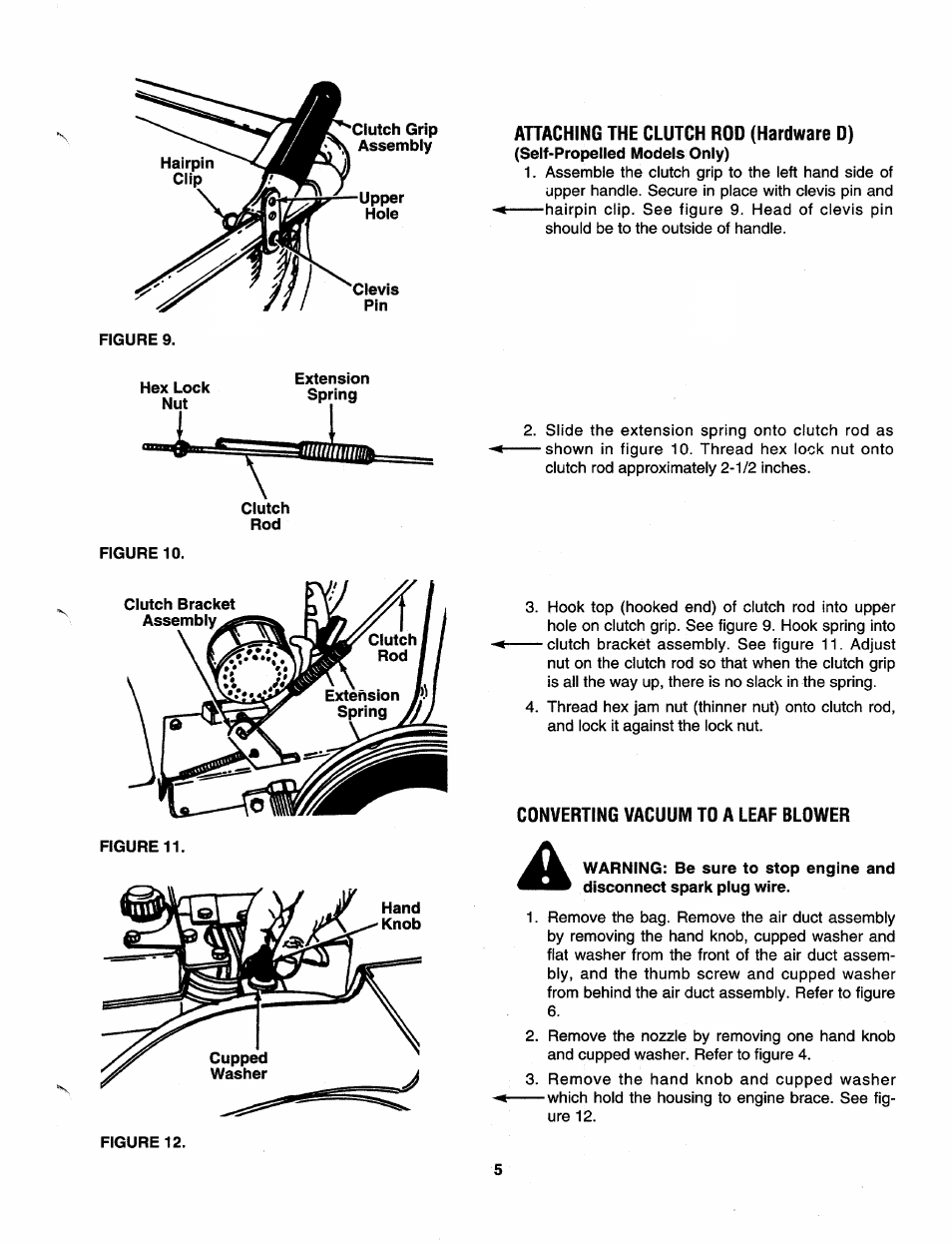 Ahaching the clutch rod (hardware d), Converting vacuum to a leaf blower, Self-propelled models only) | Figure 12 | MTD 675 thru 689 User Manual | Page 5 / 12