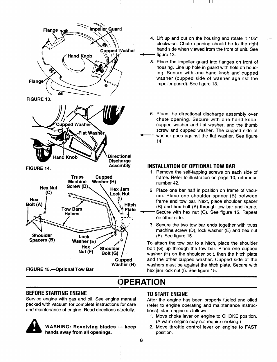 Figure 15.—optionai tow bar, Installation of optional tow bar, Operation | Before starting engine, To start engine | MTD 675 thru 689 User Manual | Page 6 / 12