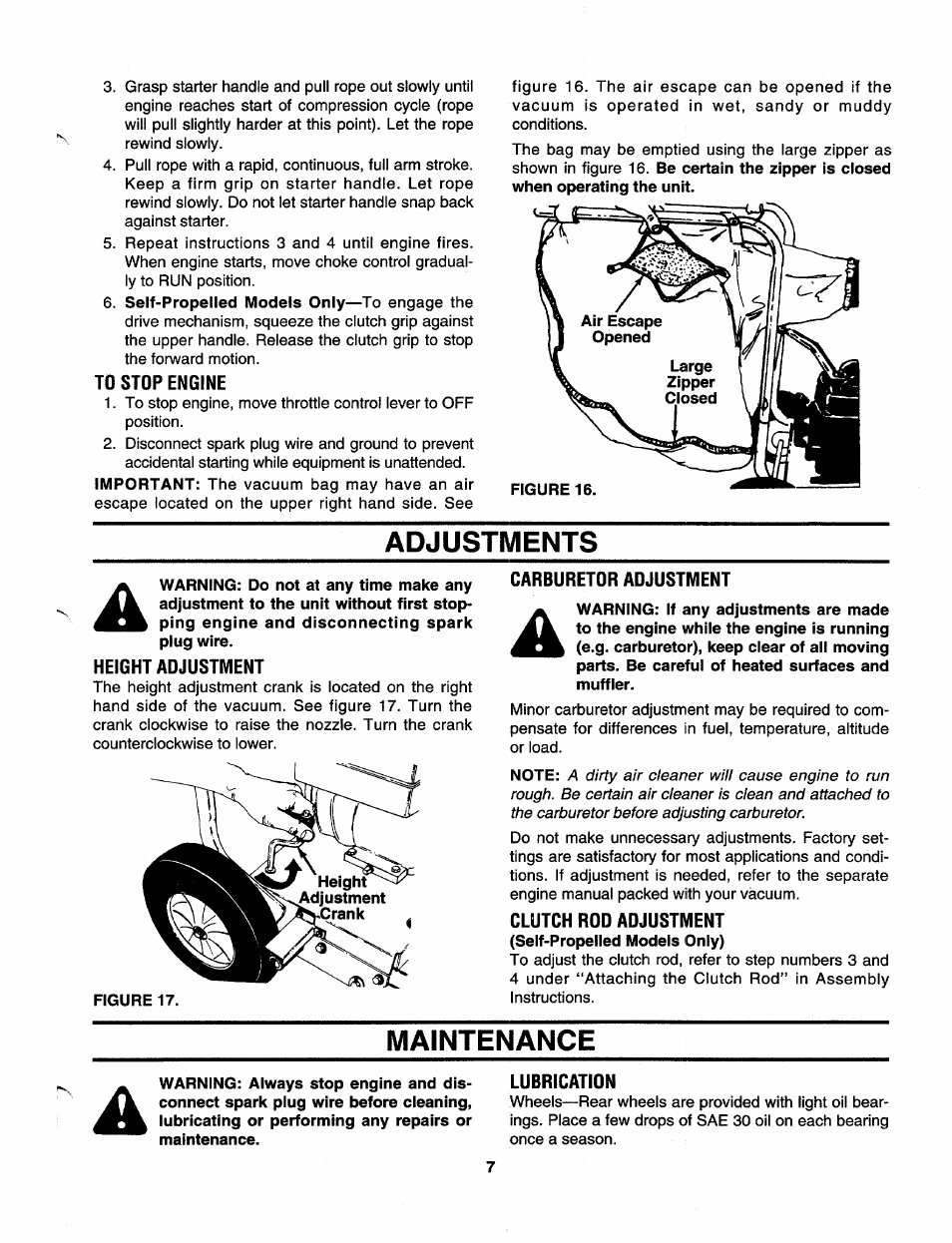 To stop engine, Adjustments, Height adjustment | Carburetor adjustment, Figure 17, Clutch rod adjustment, Maintenance, Lubrication | MTD 675 thru 689 User Manual | Page 7 / 12