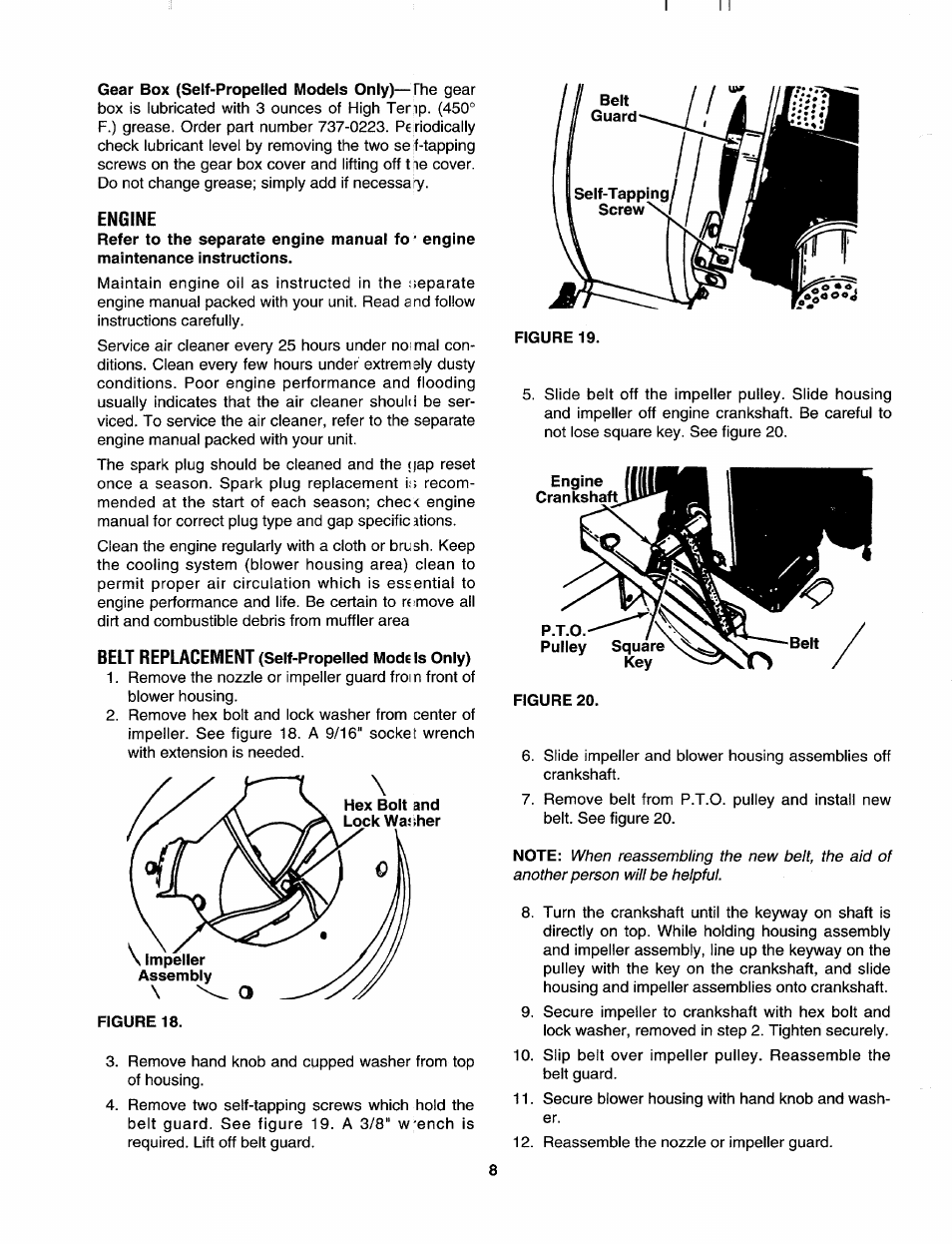 Engine, P.t.o, Figure 20 | Belt replacement, 1 1 gear box (self-propelled models only), Self-propelled models only), Figure 19 | MTD 675 thru 689 User Manual | Page 8 / 12