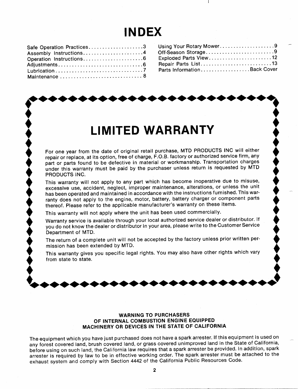 Index, Limited warranty | MTD 110-112A User Manual | Page 2 / 14