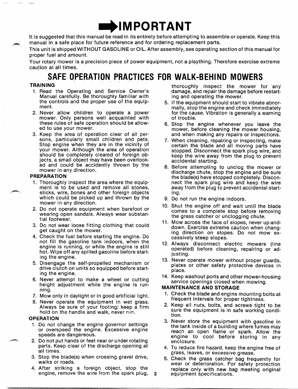 Important, Safe operation practices for walk-behino mowers, Training | Preparation, Operation | MTD 110-112A User Manual | Page 3 / 14