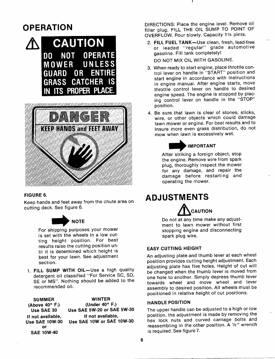 Operation, Caution, Important | Figures, Note, Winter (under 40° f.), Easy cutting height, Handle position, Acaution, Adjustments | MTD 110-112A User Manual | Page 6 / 14