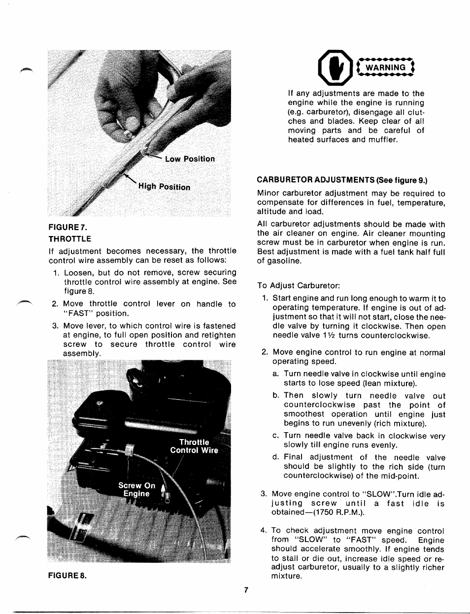 Figure, Throttle, Screw on engine | Warning j, Carburetor adjustments (see figure 9.) | MTD 110-112A User Manual | Page 7 / 14