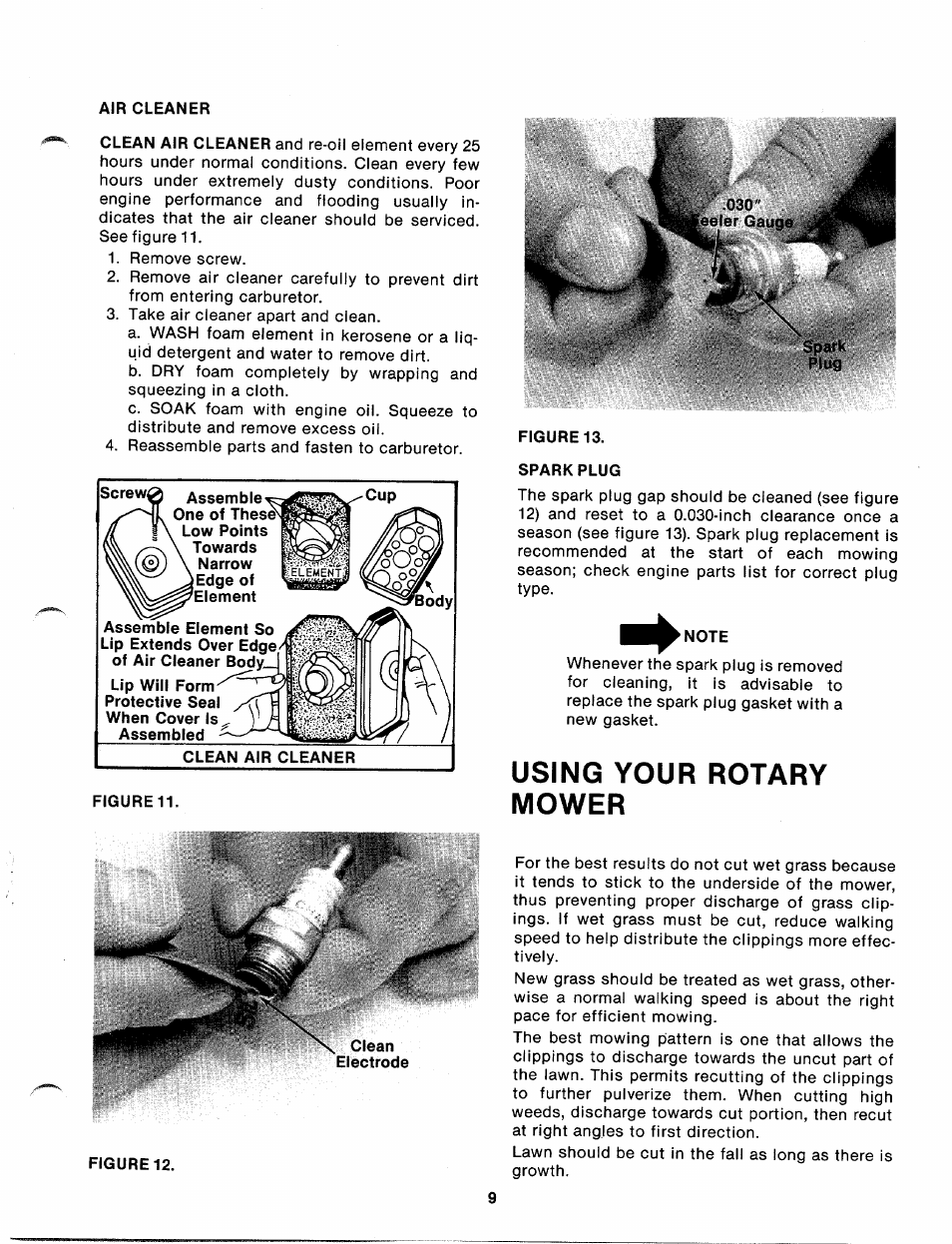 Air cleaner, Clean air cleaner, Figure11 | Spark, Figure 13, Sparkplug, Using your rotary mower, Figure 12 | MTD 110-112A User Manual | Page 9 / 14