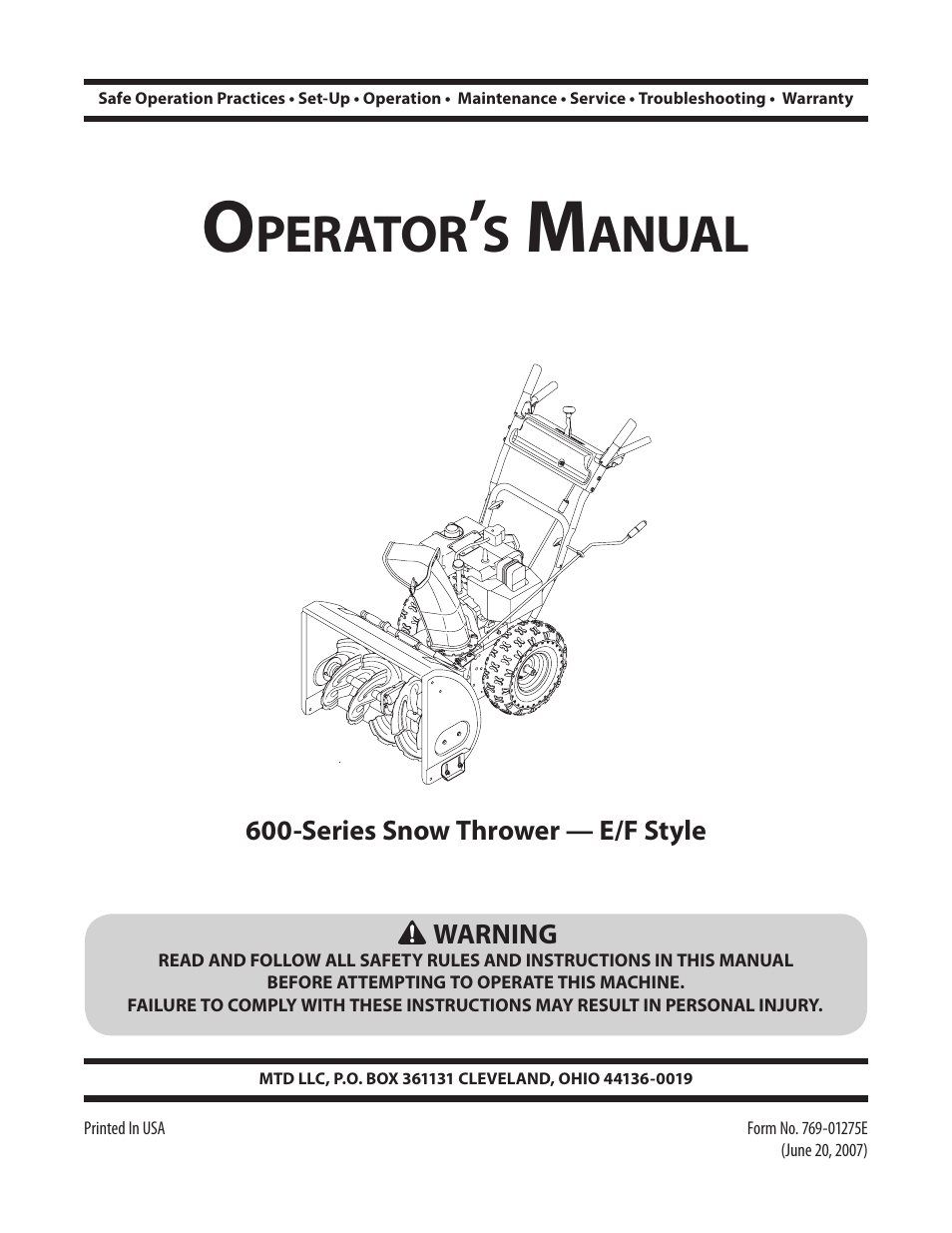 MTD H Style 600 Series User Manual | 24 pages