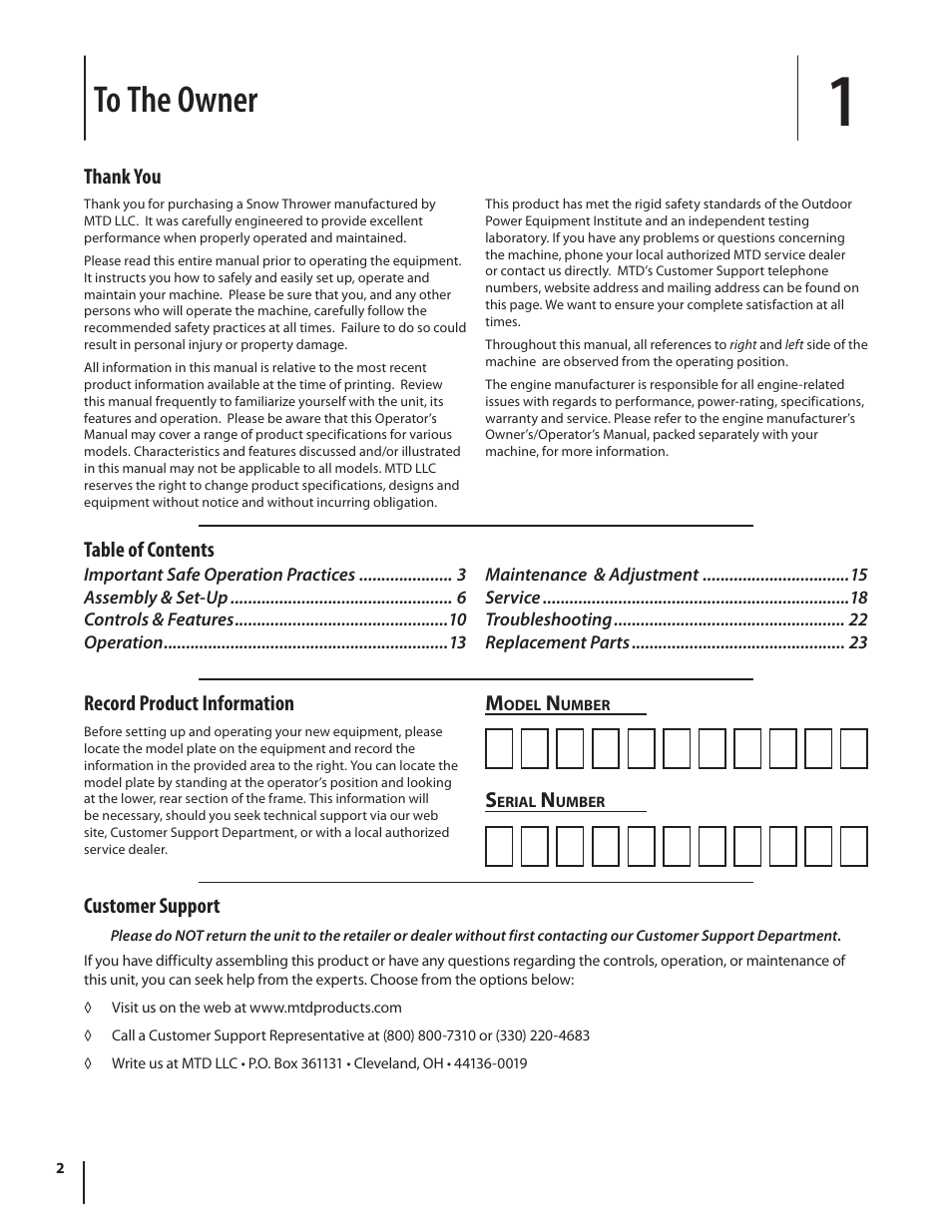 Record product information, Table of contents m, Customer support | MTD H Style 600 Series User Manual | Page 2 / 24