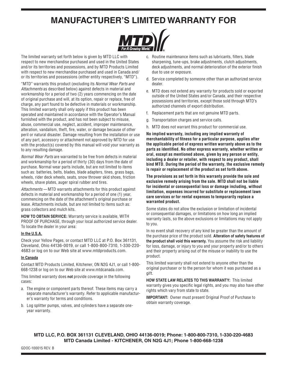 Manufacturer’s limited warranty for | MTD H Style 600 Series User Manual | Page 24 / 24