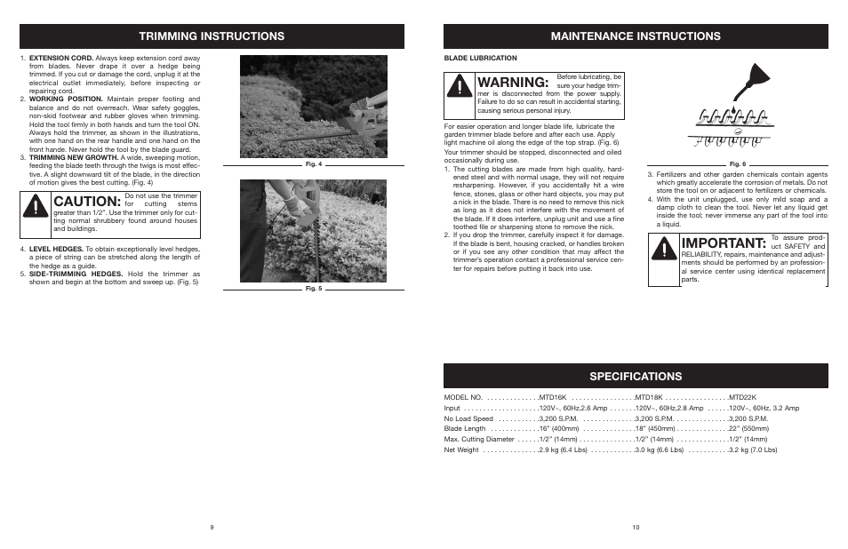 Caution, Warning, Important | Trimming instructions, Maintenance instructions, Specifications | MTD 22K User Manual | Page 10 / 44