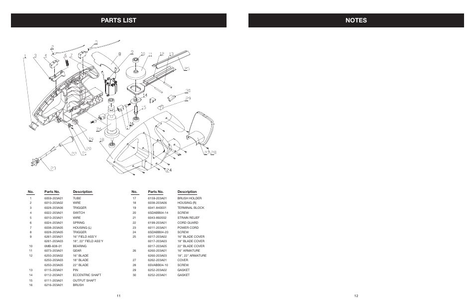 Parts list | MTD 22K User Manual | Page 13 / 44