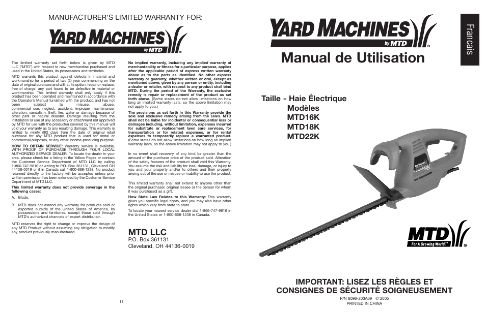 Manual de utilisation, Francais, Mtd llc | Manufacturer’s limited warranty for | MTD 22K User Manual | Page 14 / 44