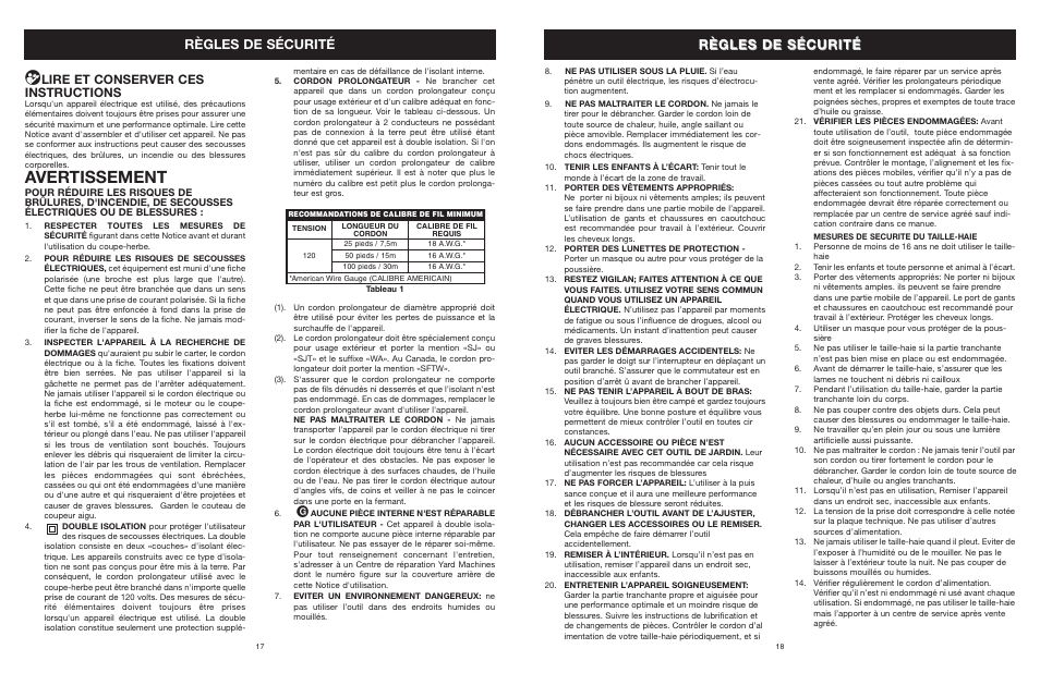 Avertissement, Règles de sécurité, Lire et conserver ces instructions | MTD 22K User Manual | Page 18 / 44