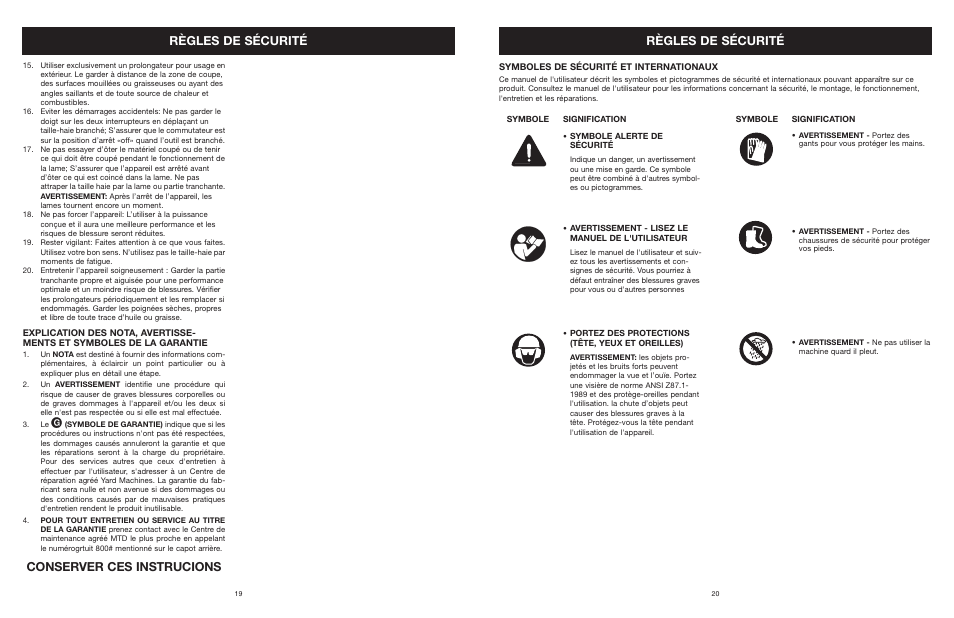 Conserver ces instrucions règles de sécurité, Règles de sécurité | MTD 22K User Manual | Page 20 / 44