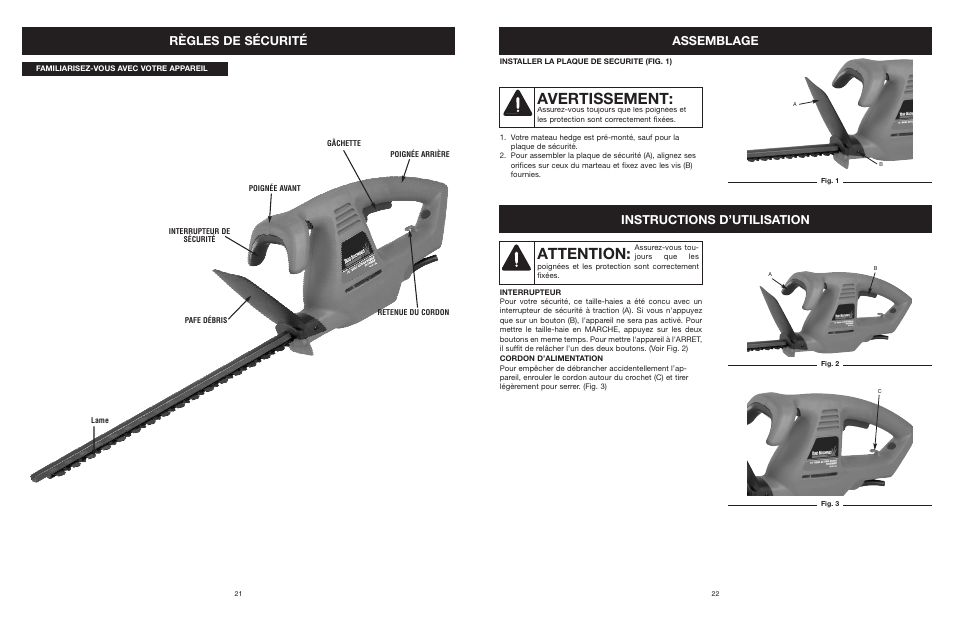 Avertissement, Attention, Règles de sécurité | Assemblage, Instructions d’utilisation | MTD 22K User Manual | Page 23 / 44