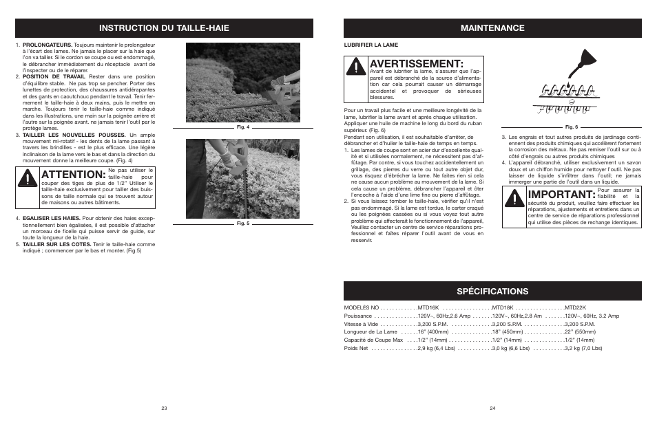 Attention, Avertissement, Important | Instruction du taille-haie, Spécifications maintenance | MTD 22K User Manual | Page 24 / 44