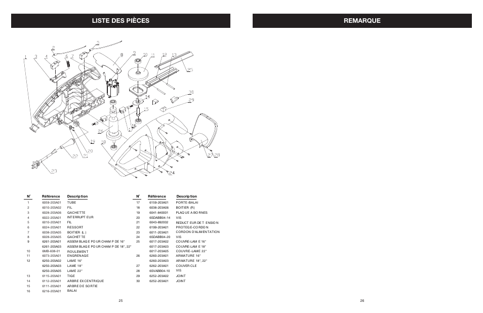 Liste des pièces, Remarque | MTD 22K User Manual | Page 26 / 44