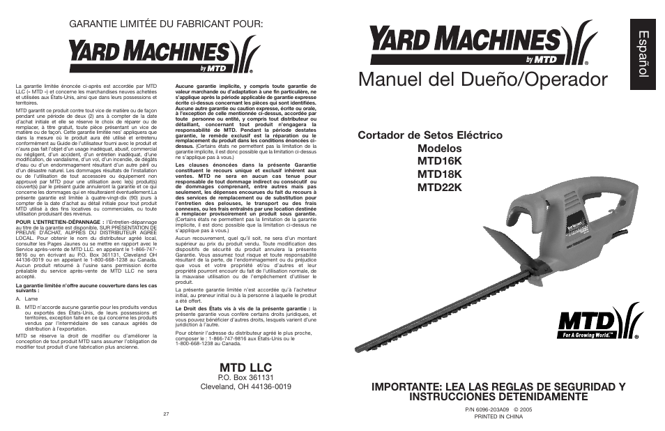 Manuel del dueño/operador, Español, Mtd llc | Garantie limitée du fabricant pour | MTD 22K User Manual | Page 29 / 44