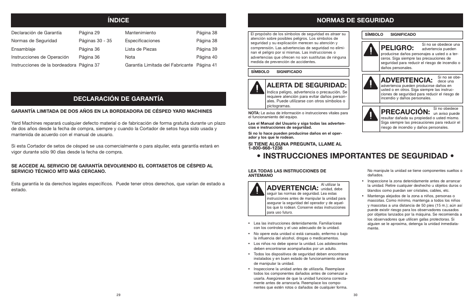 Instrucciones importantes de seguridad, Peligro, Advertencia | Precaución, Alerta de seguridad, Índice, Declaración de garantía, Normas de seguridad | MTD 22K User Manual | Page 30 / 44