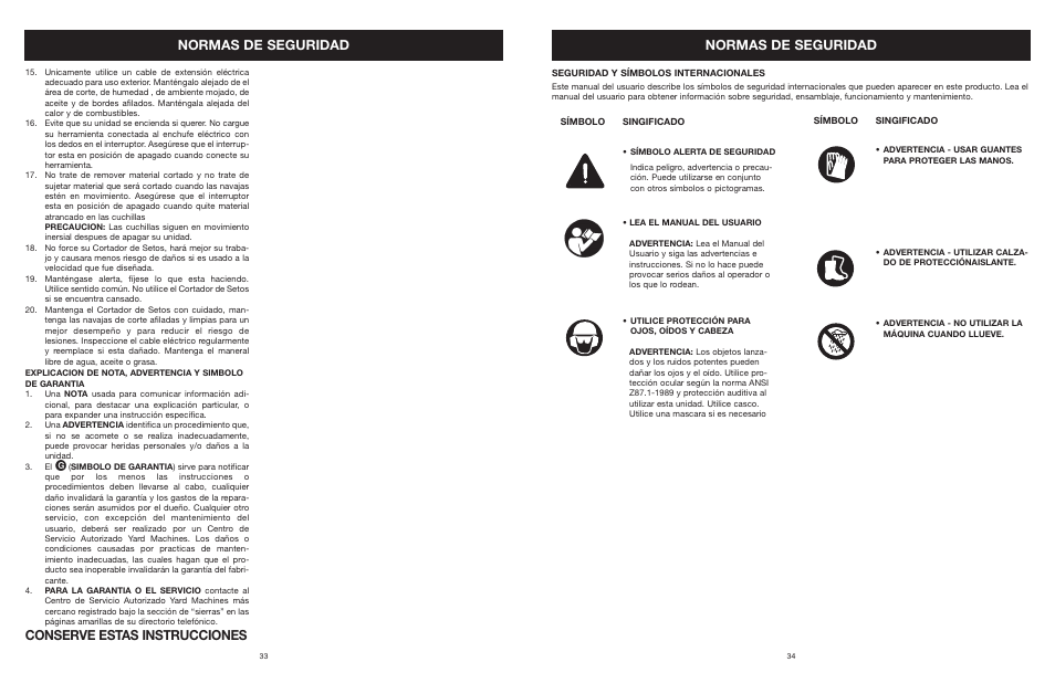 Conserve estas instrucciones normas de seguridad, Normas de seguridad | MTD 22K User Manual | Page 34 / 44