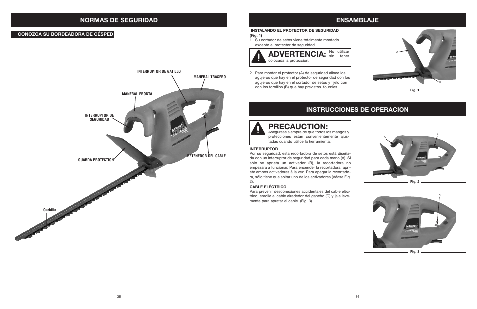 Advertencia, Precauction, Normas de seguridad | Ensamblaje, Instrucciones de operacion | MTD 22K User Manual | Page 36 / 44