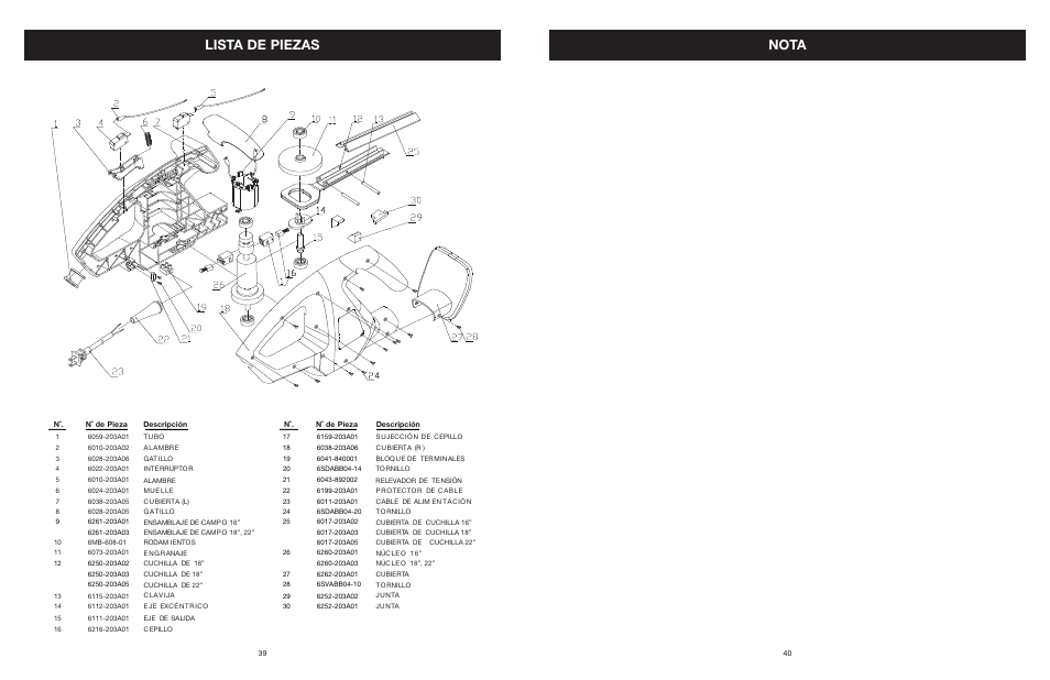 Lista de piezas, Nota | MTD 22K User Manual | Page 40 / 44