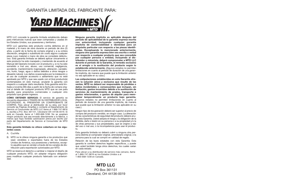 Garantía limitada del fabricante para, Mtd llc | MTD 22K User Manual | Page 42 / 44