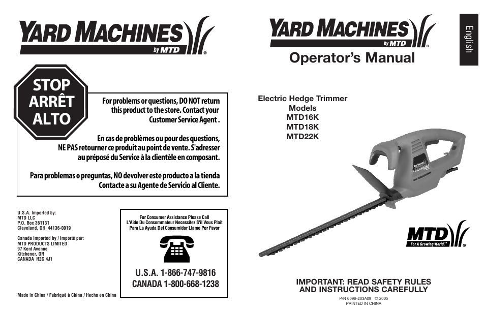 Stop arrêt alto, Operator’s manual, English | MTD 22K User Manual | Page 44 / 44